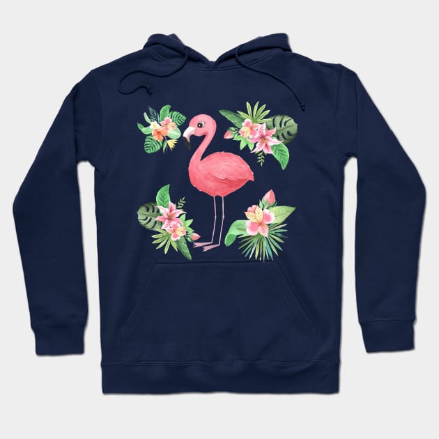Cute Pink Flamingo Tropical Flowers Hoodie by FunnyMoonCosmic
